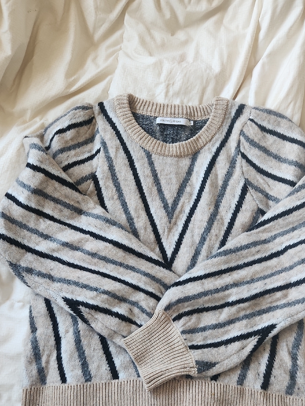 Etienne Aigner Beige Striped Crewneck Sweater